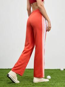 Cheerettes Women Elastic Waist Striped Straight Loose Casual Sports Pants - Red - View 2