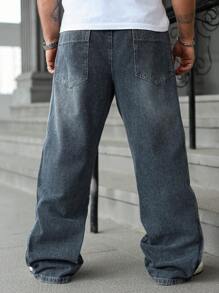 Manfinity Hypemode Men's Plus Size Denim Jeans Casual Modern Fit Grey Wash Long Leg Zipper Fly Loose Wide Leg Denim Pants For Everyday Wear
