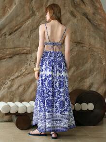 SHEIN LUNE Women's Floral Print Sleeveless Maxi Dress,Blue And White,Summer,Boho,Vacation,Holiday,Hawaii Elegant Casual Beach Sundresses Graduation - Blue and White - View 4