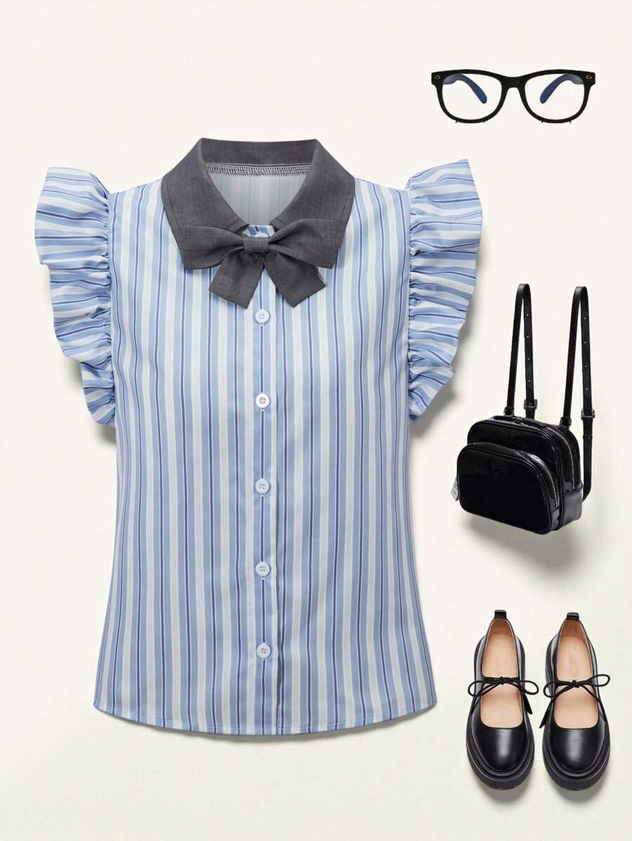 Tween Girl Ribbon Tie Bluză cu mâneci în dungi