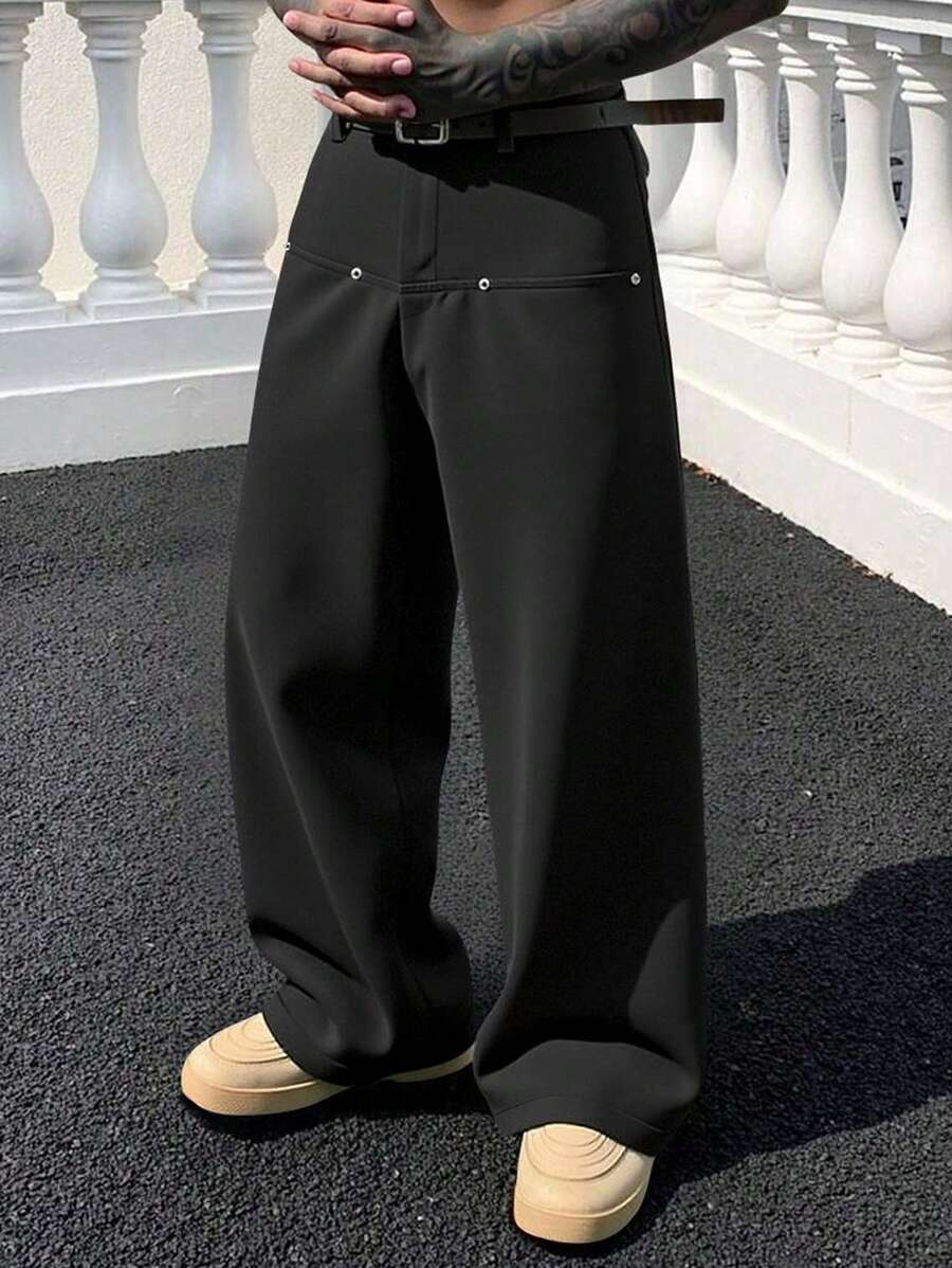 Manfinity Hypemode Men's Streetwear Black Loose Wide-Leg Pants,Autumn Casual Trousers For City Break,Vacation Travel,Daily Leisure,Weekend Trips&Semi-Formal Style - Black - View 1