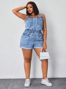 SHEIN SXY Women's Summer Multi-Pocket Washed Denim Jumpsuit