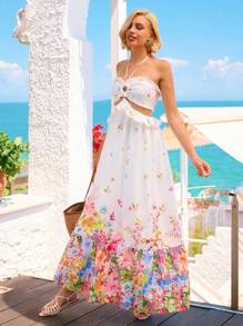 Vivid Eden 女式度假休闲花卉印花吊带连衣裙 - 彩色 - 查看 7