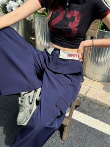 K-Vae 女款夏季深蓝色字母印花腰部褶皱工装阔腿裤，街头学院风长裤 - 彩色 - 查看 6