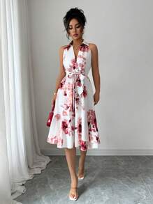 Elenzga 女士优雅浪漫花卉印花系腰中长款无袖连衣裙 - 彩色 - 查看 6