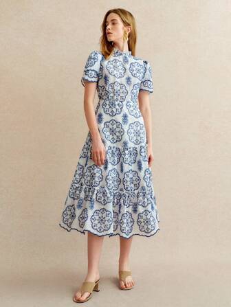 Écloséra 女士休闲法式双层荷叶边袖长款蓝色刺绣连衣裙