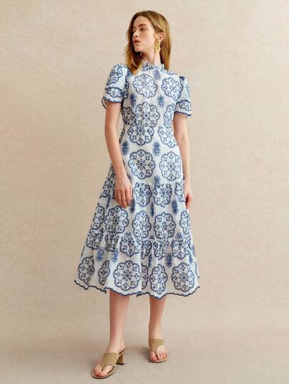 Écloséra Women's Casual French Style Double Layer Flounce Sleeve Long Blue Embroidered Dress