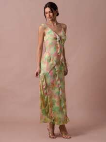 Enchnt 春夏浪漫女士绿色和粉色梦幻印花前系带荷叶边无袖露背长裙，甜美优雅，适合度假、约会、节日、派对、毕业典礼、婚礼宾客和海滩、舞会礼服、女士夏装、女士太阳裙、夏装、优雅派对礼服 - 彩色 - 查看 5