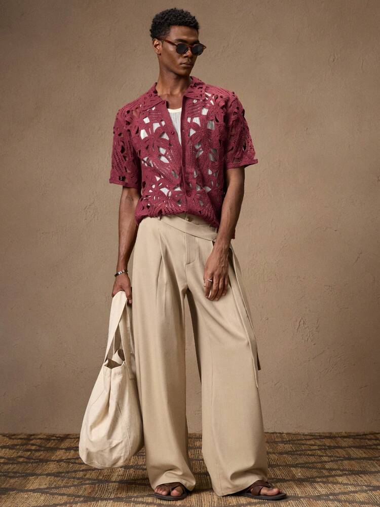 2pcs Men Crochet Floral Maroon & Beige Fashionable Casual Slim Fit Turndown Collar Short Sleeve Cardigan Knitwear, Suitable For Summer, Vacation, Daily Matching, Party, Couple, Men Gift