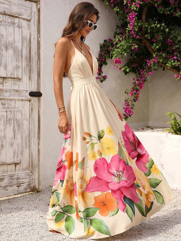 Vivid Eden Vestido de mujer con cuello en V profundo, espalda descubierta y estampado floral para vacaciones de verano y playa