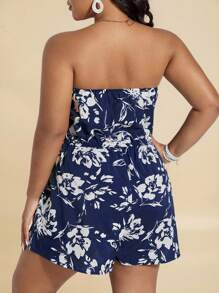 Travachic Plus Floral Print Tube Romper Spring Summer Women - Blue and White - View 2