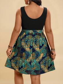 Travachic Robe décontractée à col rond sans manches avec imprimé de plante tropicale, tailles grandes pour femmes