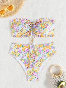 SHEIN Swim 女士夏季海滩度假新款可爱露肩荷叶边碎花比基尼套装，搭配精致珍珠吊坠抽绳领带 - 彩色 - 查看 6