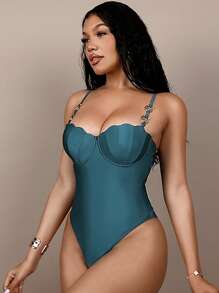 Swim SXY Women's New Solid Color Shell Shaped Swimsuit With Adjustable Strap, Sexy Elegant Resort Minimalist One-Piece For Summer Beach Vacation - Green - View 7