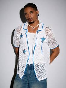 ROMWE MEN Street Life Men's Vacation Turndown Collar Open Front Starfish Print Knitted Top