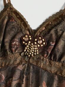 ROMWE Áo ba lỗ in họa tiết Paisley viền ren xếp nếp phong cách Hippie cổ điển dành cho nữ, dài, có viền không đều - màu nâu - Xem 3