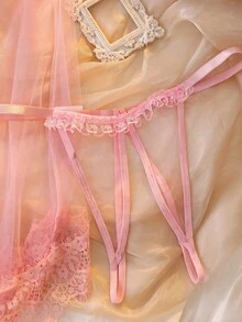 DelicateAllure 蕾丝拼布性感透视蝴蝶结撞色女式性感娃娃睡裙娃娃裙内衣内衣娃娃裙卡哇伊内衣粉色内衣套装夏季娃娃裙外出 - 粉色 - 查看 5