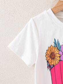 SHEIN Girls Kids Summer New Pencil Print Simple Round Neck Short Sleeve T-Shirt + Cute Flared Pants Casual Sports Suit, Back To School Versatile Outfit - Multicolor - View 8