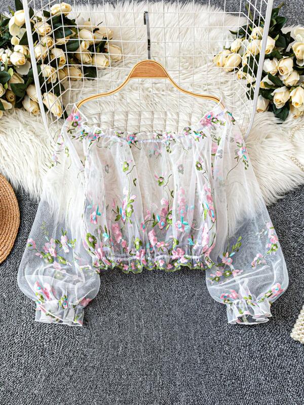 SHEIN Clasi Plus Size French Romantic Floral Embroidered Sheer Puff Sleeve Blouse, Casual Wear For Summer Women Summer Clothing Summer Clothes Women Clothes Tops For Women Elegant Women Summer Shirts Women Plus Clothing Formal Women Plus Clothing Business Casual Tops For Women Women Blouses Elegant Shirts For Women Elegant Spring Blouses For Women Cute Blouses Summer Blouses For Women Cute Blouses For Women