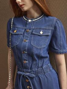 SHEIN BAE 女式夏季休闲高端牛仔连体裤 - 藍色 - 查看 5