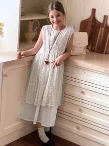 DAZY 少女蕾丝上衣连衣裙两件套 - 藍色 - 查看 3