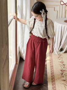 DAZY 小女孩荷叶边圆领短袖 T 恤和宽松背带裤两件套，女孩夏季服装 - 紅色 - 查看 7