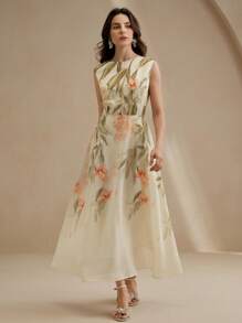 Anewsta 全新夏季女式V领花卉印花无袖A字连衣裙