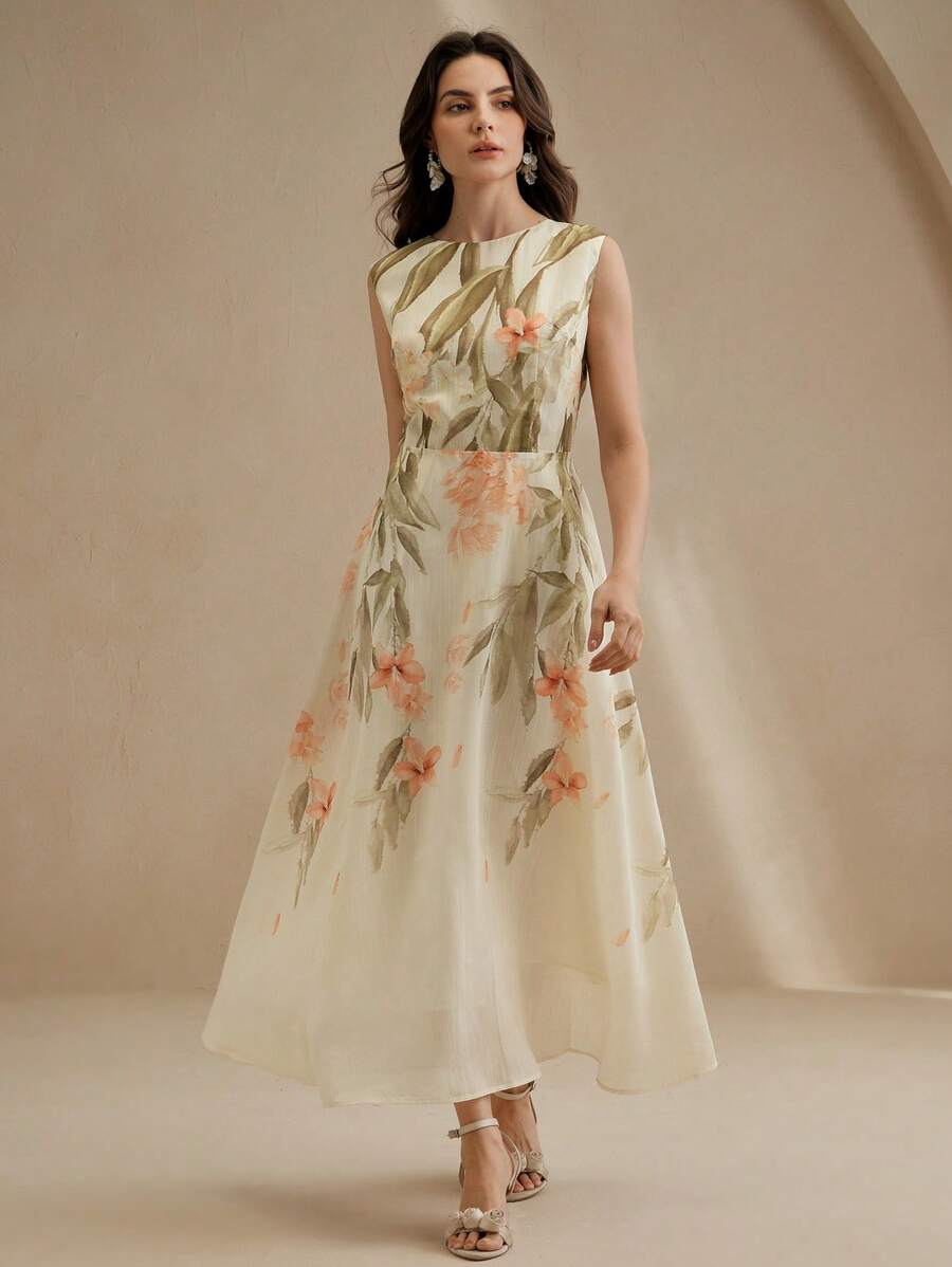 Anewsta 全新夏季女式V领花卉印花无袖A字连衣裙