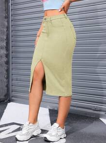 SHEIN Minifalda de mezclilla casual con bolsillos y abertura hasta el muslo de color liso, primavera/verano - verde menta - Ver 6