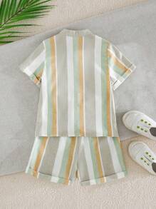 Cozy Pixies Baby Boy 2pc Set - Striped Collar Short Sleeve Cardigan And Elastic Waist Shorts