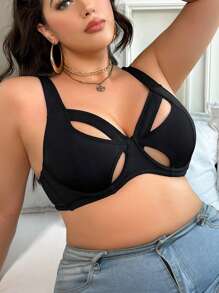 AltCore 加大码镂空拼接设计舒适无钢圈薄杯内衣，提升 - 黑色 - 查看 6