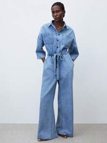 Maija Women's Casual Lightweight Denim Jumpsuit With Drawstring Waist, 3/4 Sleeve, Suitable For Urban Casual Wear, Office Outfit For Women, Autumn, Fall Women Clothes - Light Wash - View 3