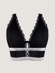 SHEIN Sexy Lace Patchwork Glam Sparkling Comfortable Wirefree Elastic Ladies Bra - Black - View 7