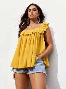 Maija Plus Size Women Patchwork Embroidery & Ruffle Hem Loose Cami Top Summer Women Vacation - Yellow - View 3