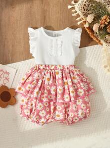 Blossori Set 2 Potong untuk Bayi Perempuan: Kaos Lengan Ruffle Putih dan Celana Pendek Motif Bunga Daisy Merah Muda, Untuk Liburan/Rekreasi - MultiWarna - View 6