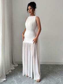 Elenzga Women Solid Color Minimalist Sleeveless Long Dress