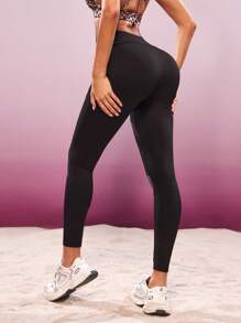 SHEIN Sports Women's Patchwork Mesh & Faux Leather Skinny Leggings - Black - View 2