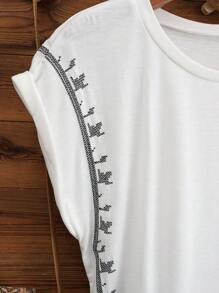 LanaWest 女式乡村风格刺绣盖袖休闲家居/户外T恤 - 白色 - 查看 7