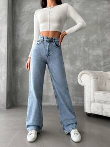 High Waist Straight Leg Jeans - Light Wash - View 1
