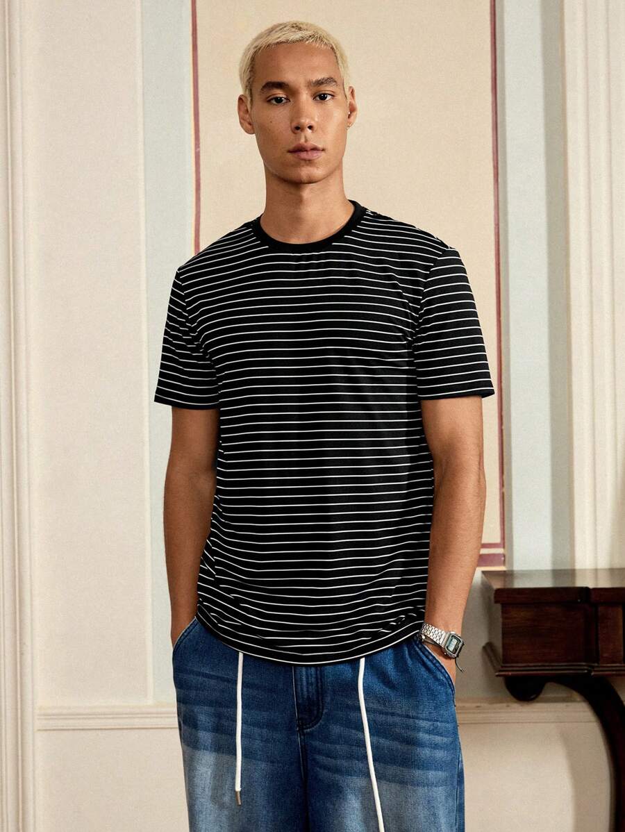 SWAVVY Men T-Shirts Fit Crew Neck Drop Shoulder Short Sleeve Casual Vintage Summer Polyester Tee - Black - View 1