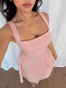 Modelyn 女士方领镂空优雅中长连衣裙，夏季 - 粉色 - 查看 6