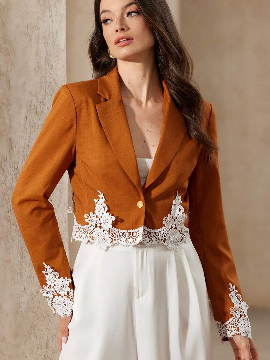 SHEIN Unity Elegant Retro V-Neck Embroidered Asymmetric Ruffle Trim Waist Fitted Women Short Blazer & Shorts Suit Set Fall Cloth For Women - Multicolor - View 1