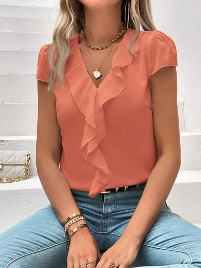 SHEIN Clasi Solid Color Ruffled V-Neck Casual Short Sleeve Shirt For Summer Ruffle Blouse Women Tops Elegant Peach Color Top Burnt Orange Top Business Casual Tops For Women