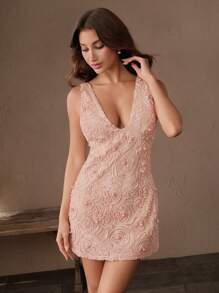SHEIN Unity Embroidered Pearl & Floral Applique Modest Summer Dress, Suitable For Festivals, Graduations, Weddings, Elegant Outfits For Women - Pink - View 5