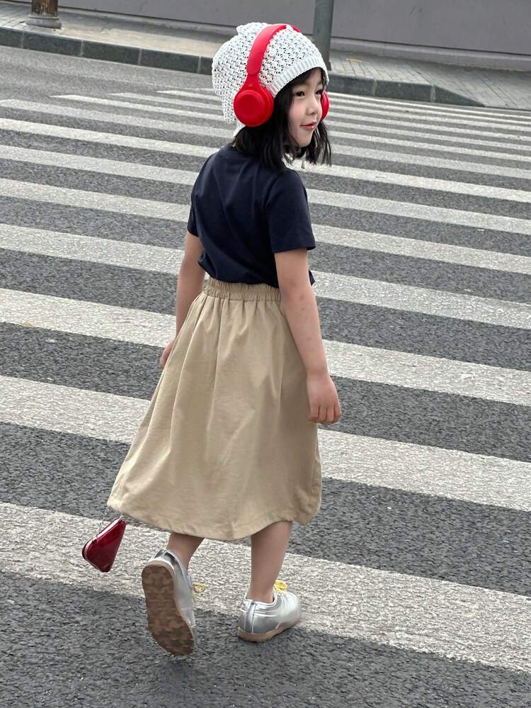 Young Girls Round Neck Embroidered Cute Cherry Graphic Short Sleeve T-Shirt With Loose Solid Color 2 In 1 Split Skirt Set,Girls Summer Outfits