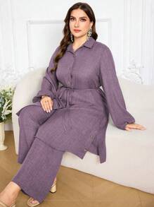 Lacomfia 2pcs Women Plus Size Casual Button-Decorated Waist Tie Long Sleeve Shirt And Pants Set Fall Cloth For Women - Dusty Purple - View 1