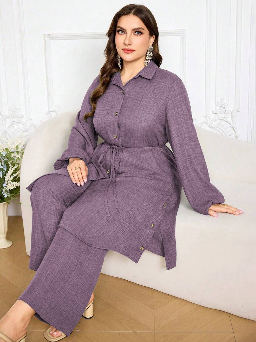 Lacomfia 2pcs Women Plus Size Casual Button-Decorated Waist Tie Long Sleeve Shirt And Pants Set Fall Cloth For Women - Dusty Purple - View 1