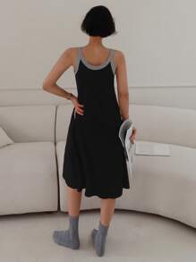 DAZY Letter Print Contrast Color Block Sleeveless Long Nightgown Dress For Women Pajama - Black - View 2