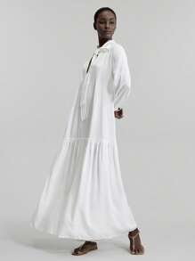 Ontre Vestido largo de mujer con nudo delantero, vestido maxi de manga larga con cuello en V profundo, fruncido, de unicolor minimalista, elegante atuendo de primavera/verano para damas, vestimenta casual de oficina, estilo vintage discreto, moda urbana de alta calidad para viajes en avión - Blanco - Ver 6