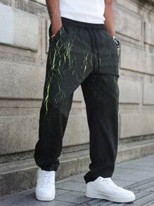 Manfinity EMRG Pantalones casuales sueltos con cintura con cordón y bolsillos, pantalones reflectantes de hombre, pantalones de hombre de estilo urbano - Negro - Ver 1